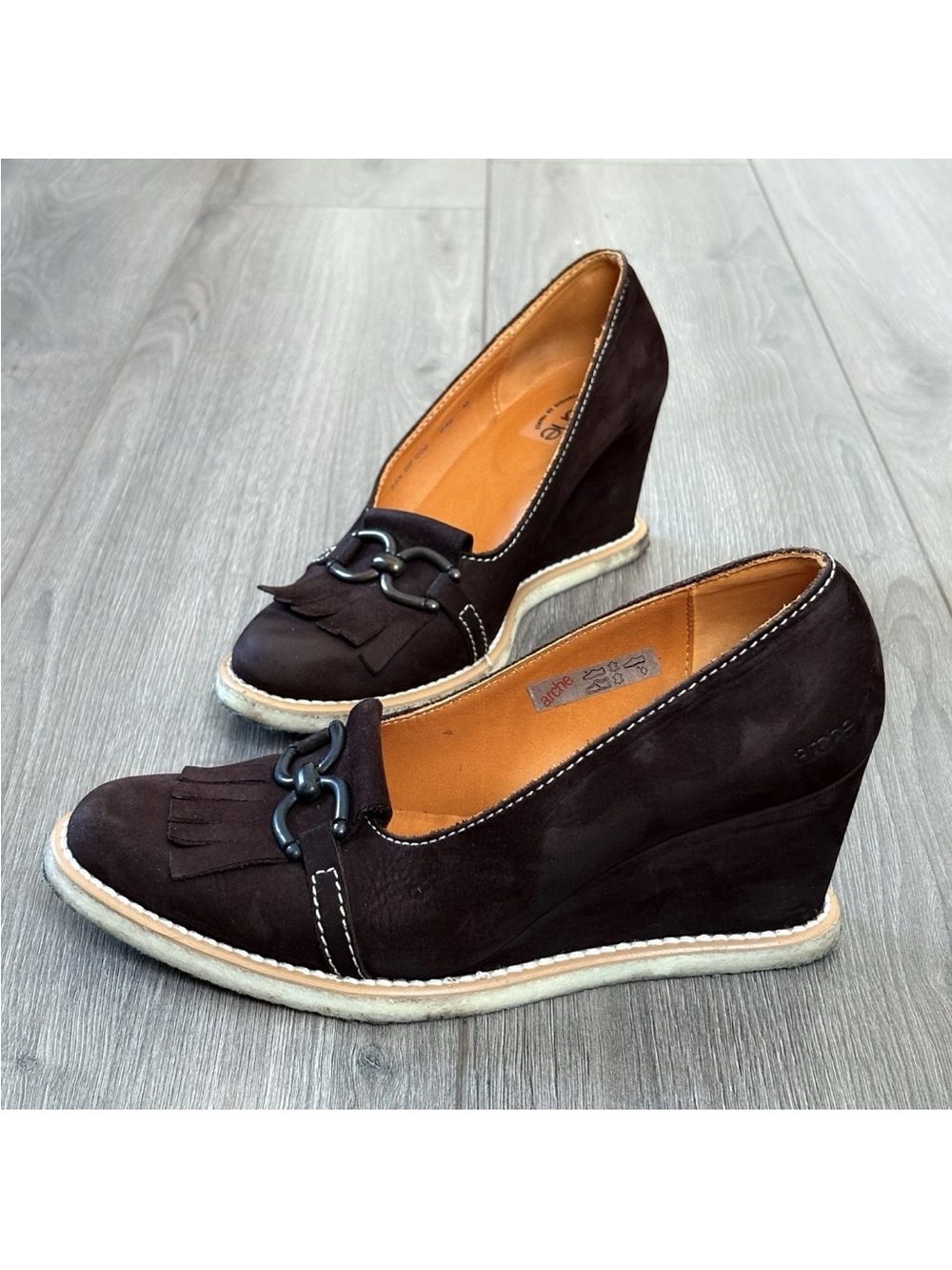 Arche Suede Wedge Loafers Sz 37.5 / 6.5 Chocolate Brown France Comfort Academia